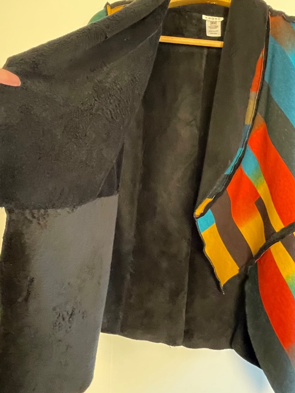 ADORE Patchwork Jacket Coat Open Front Fleece Collar Multicolor XL Boho Artsy - Picture 7 of 14